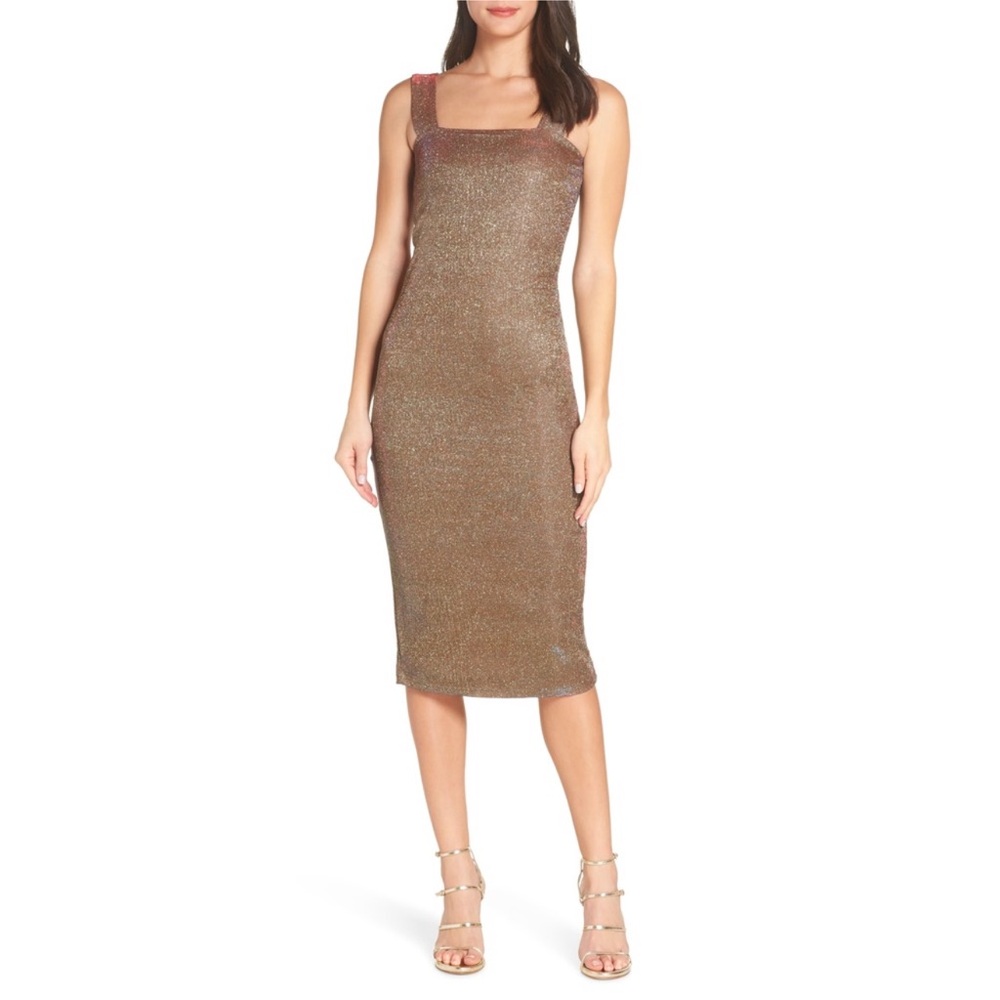 BARDOT Mimi Glitter Sheath Midi Sleeveless Dress In Gold 6‎ NWT
